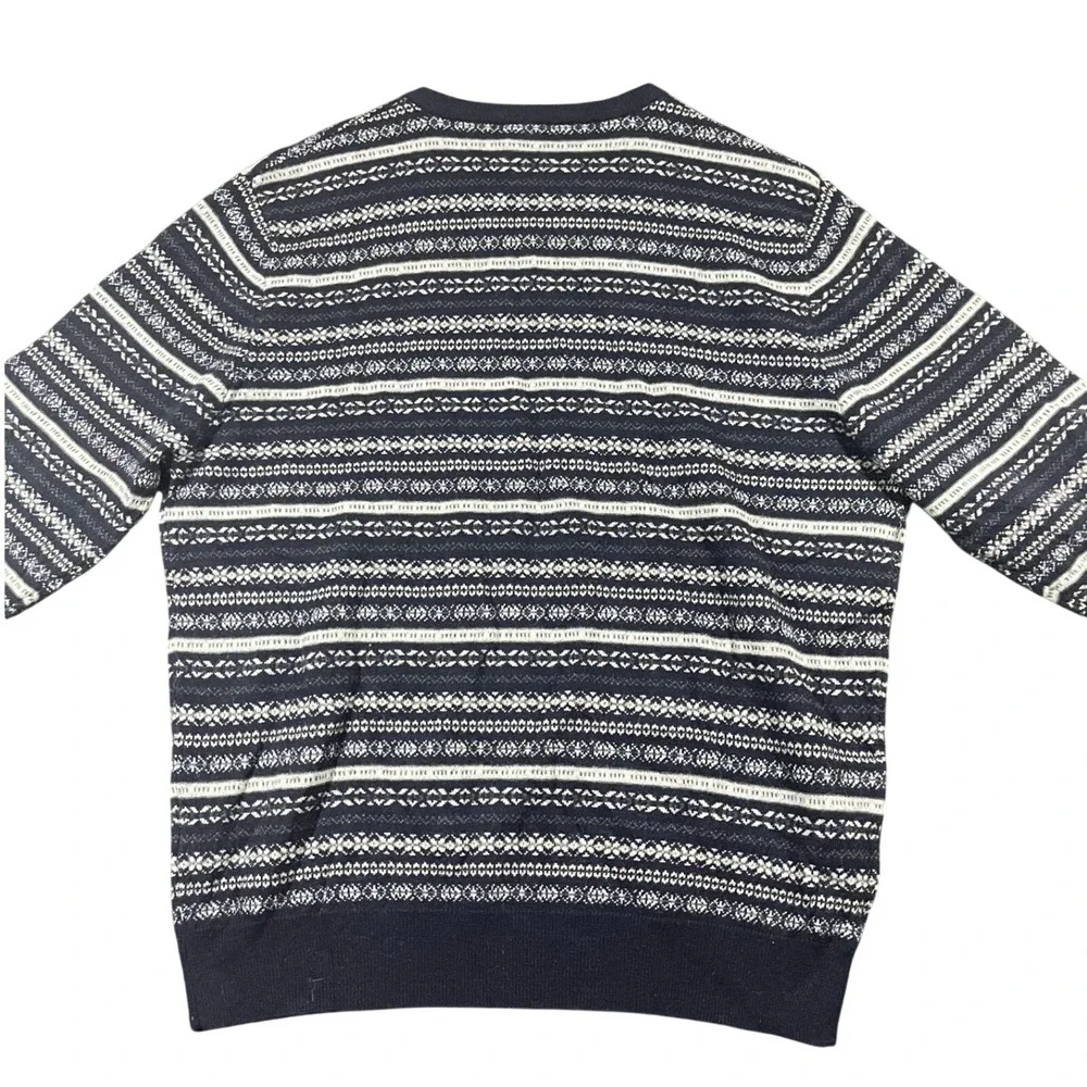 JOS A BANK Mens L V-Neck Fair‎ Isle Sweater 80 Lambswool Navy White